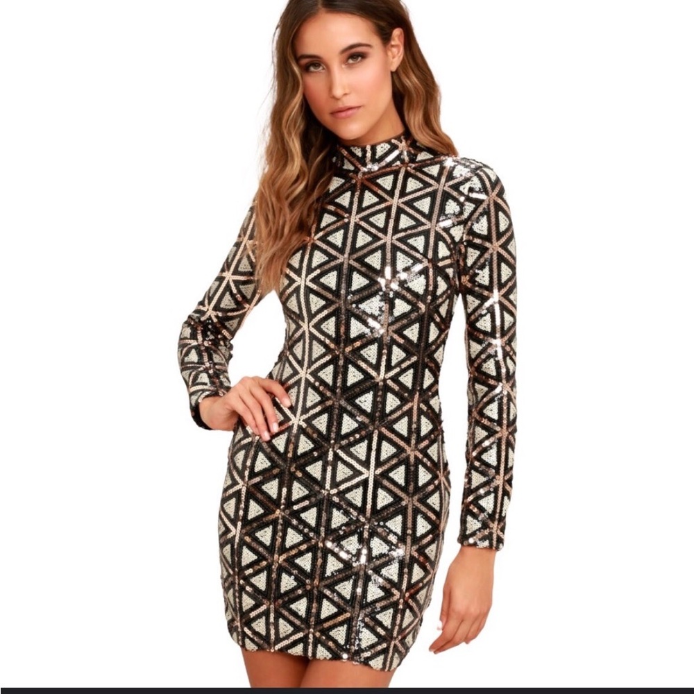 Lulu’s Waking Up In Vegas Body Con Sequin Long Sleeve Mini Dress - Small